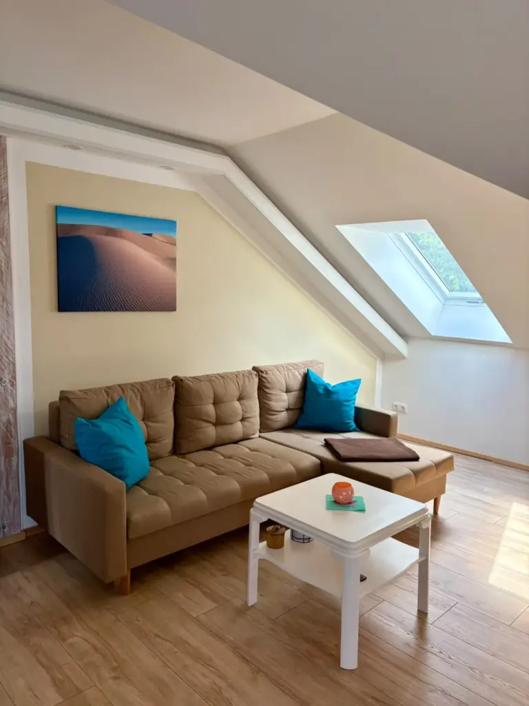 Braune Schlafcouch mit türkisen Kissen unter der Dachschräge, daneben das Dachfenster und ein kleiner weißer Couchtisch.